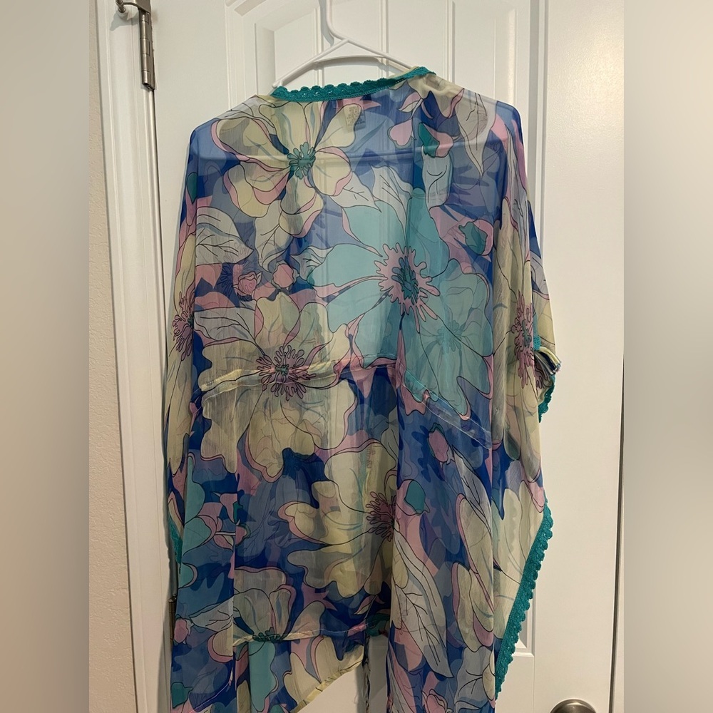 Nine West Floral Sheer Kimono with Teal Trim Swim Cover Up - Picture 6 of 7